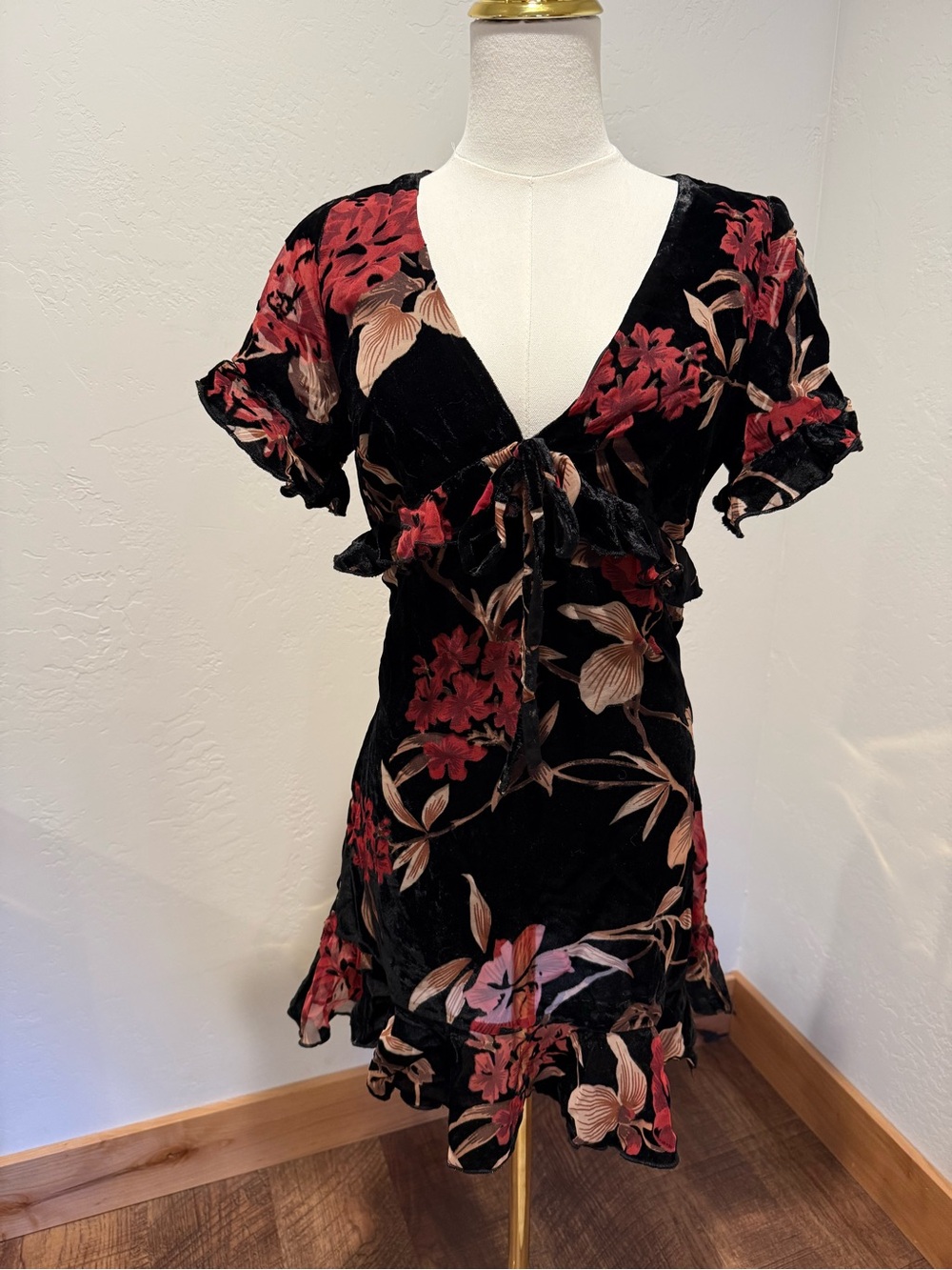 VICI Black Velvet Mini Dress with Red Floral Accents